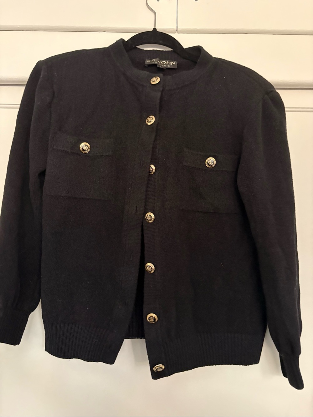 St. John Black Knit Cardigan with Gold Logo Trim